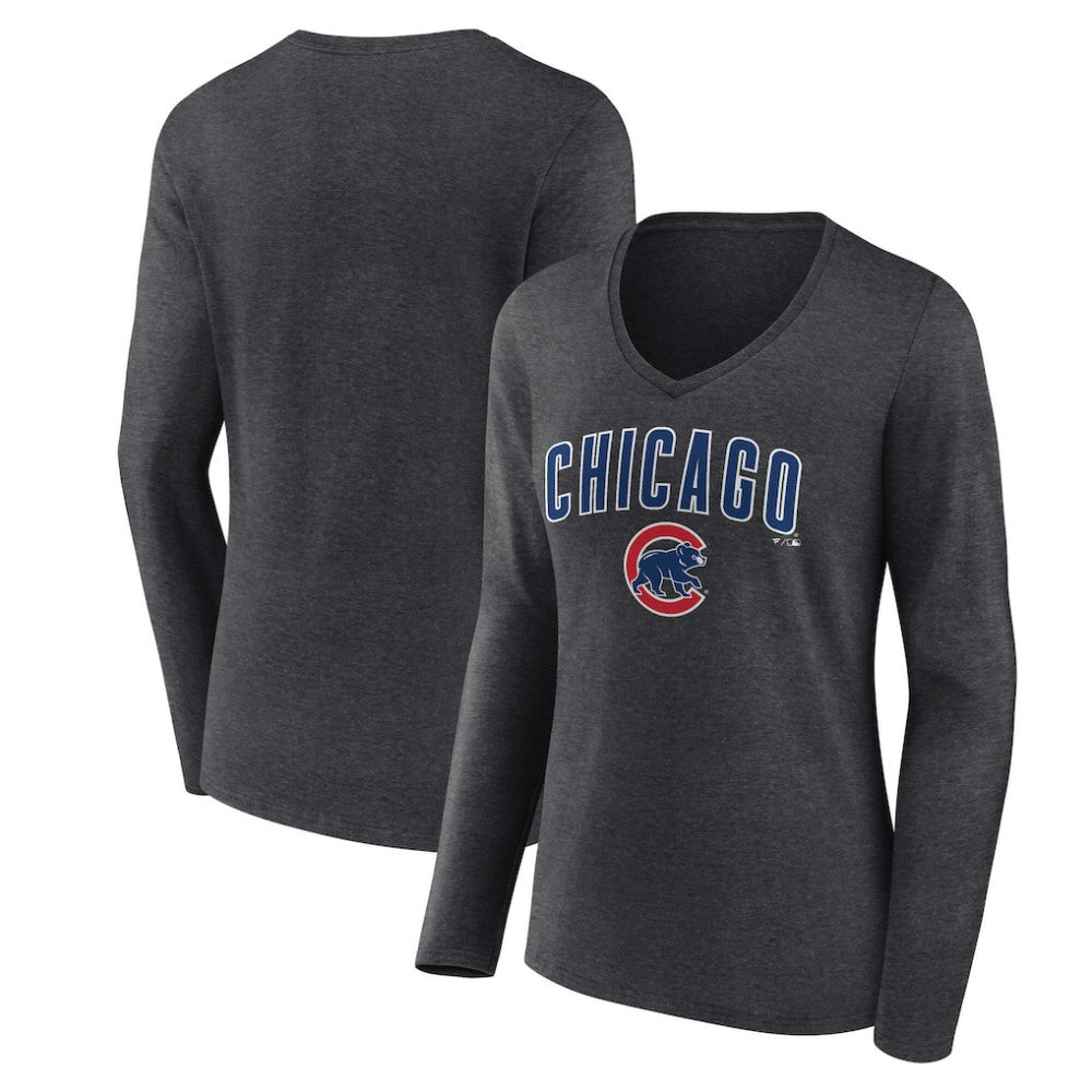 Chicago Cubs Women's Team Lockup Long Sleeve V-Neck T-Shirt - Charcoal T-shirts