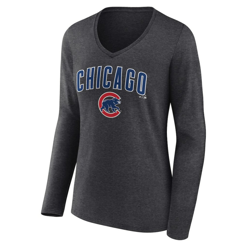 Chicago Cubs Women's Team Lockup Long Sleeve V-Neck T-Shirt - Charcoal T-shirts