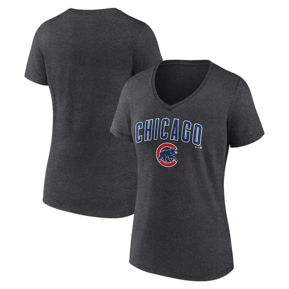Chicago Cubs Women's Team Lockup V-Neck T-Shirt - Charcoal T-shirts