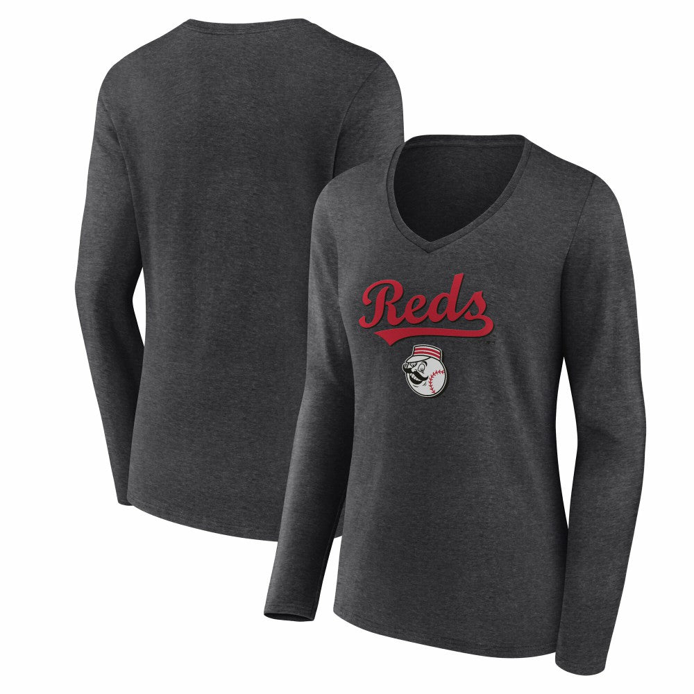 Cincinnati Reds Women's Team Lockup Long Sleeve V-Neck T-Shirt - Charcoal T-shirts