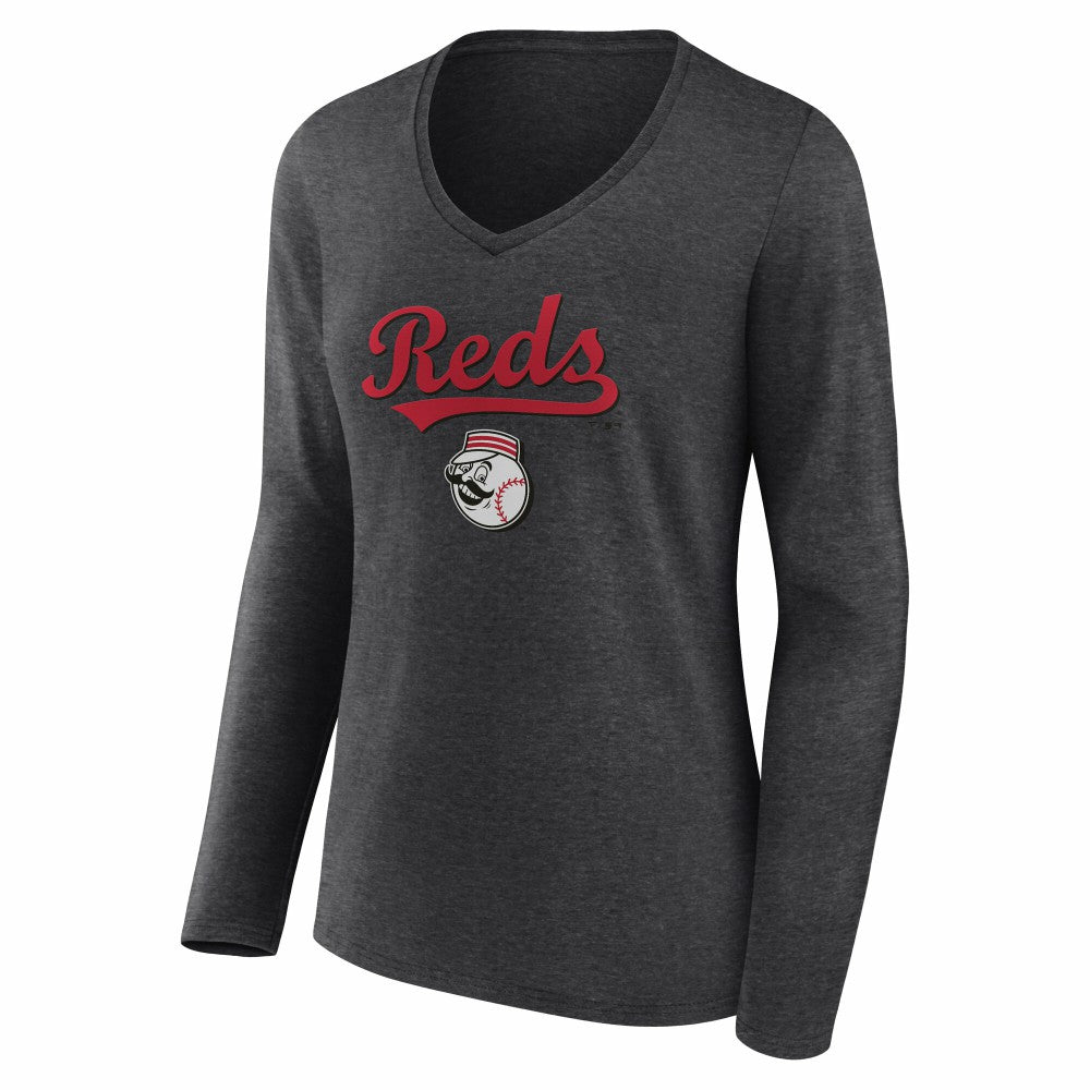 Cincinnati Reds Women's Team Lockup Long Sleeve V-Neck T-Shirt - Charcoal T-shirts