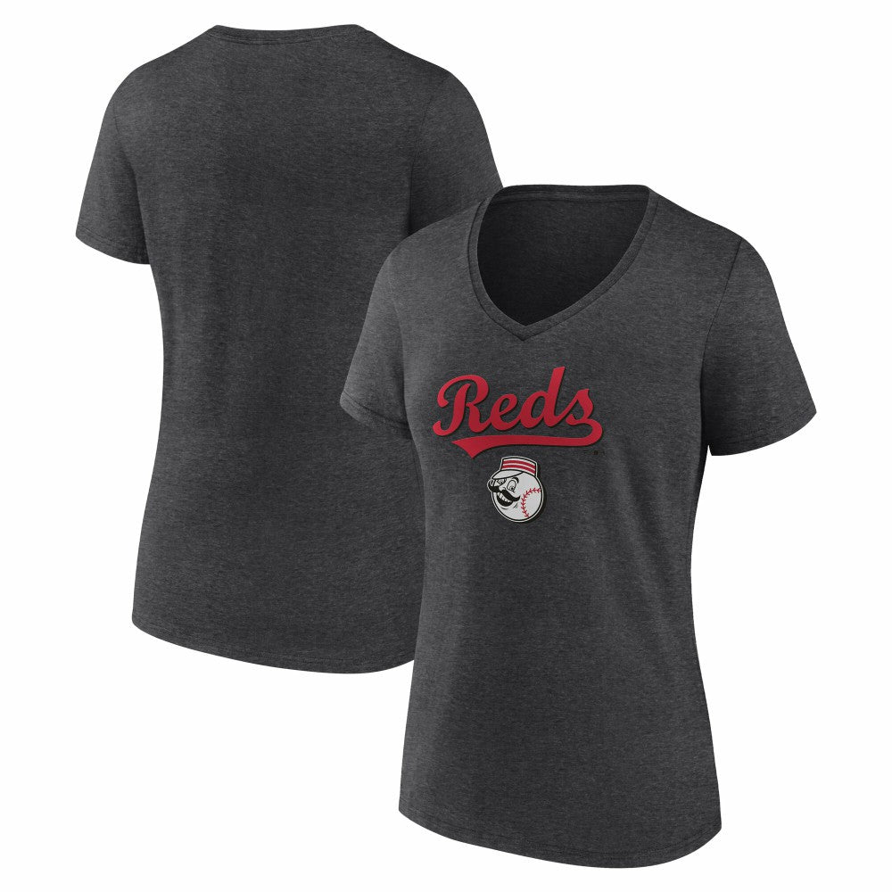 Cincinnati Reds Women's Team Lockup V-Neck T-Shirt - Charcoal T-shirts