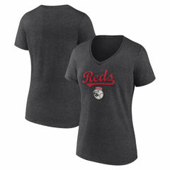 Cincinnati Reds Women's Team Lockup V-Neck T-Shirt - Charcoal T-shirts