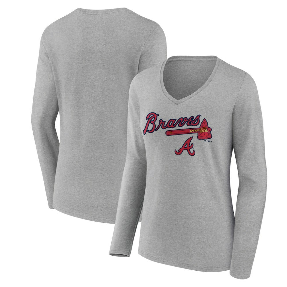 Atlanta Braves Women's Team Lockup Long Sleeve V-Neck T-Shirt - Gray T-shirts