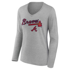 Atlanta Braves Women's Team Lockup Long Sleeve V-Neck T-Shirt - Gray T-shirts