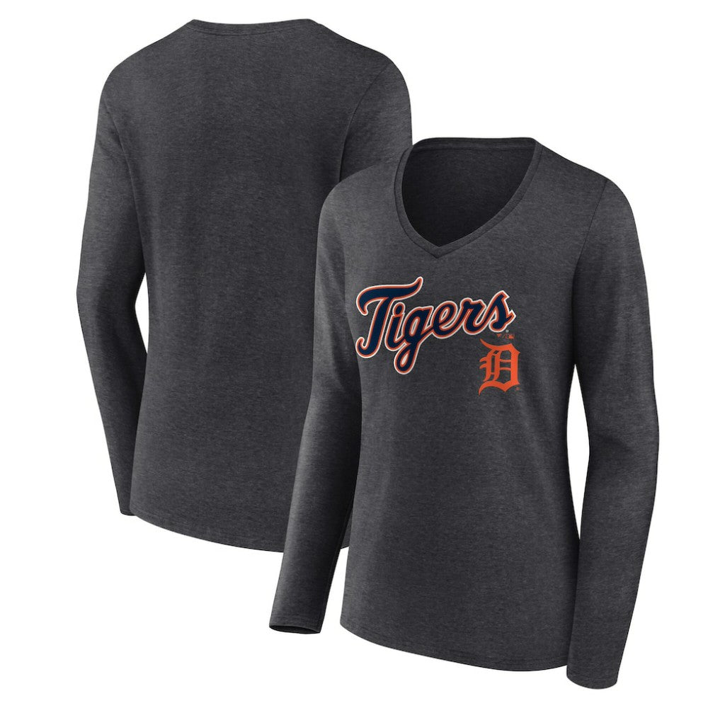 Detroit Tigers Women's Team Lockup Long Sleeve V-Neck T-Shirt - Charcoal T-shirts
