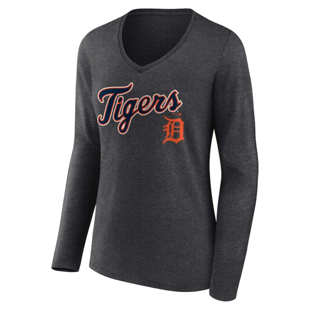 Detroit Tigers Women's Team Lockup Long Sleeve V-Neck T-Shirt - Charcoal T-shirts
