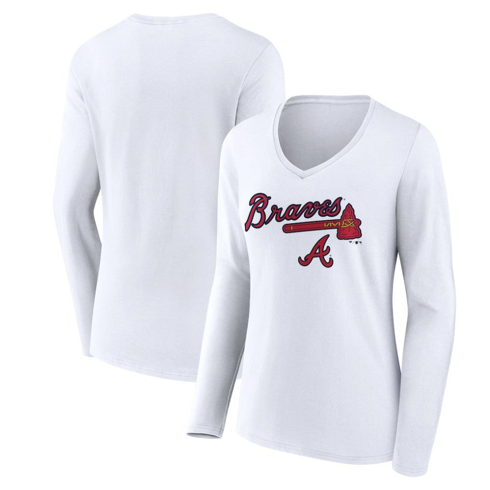 Atlanta Braves Women's Team Lockup Long Sleeve V-Neck T-Shirt - White T-shirts