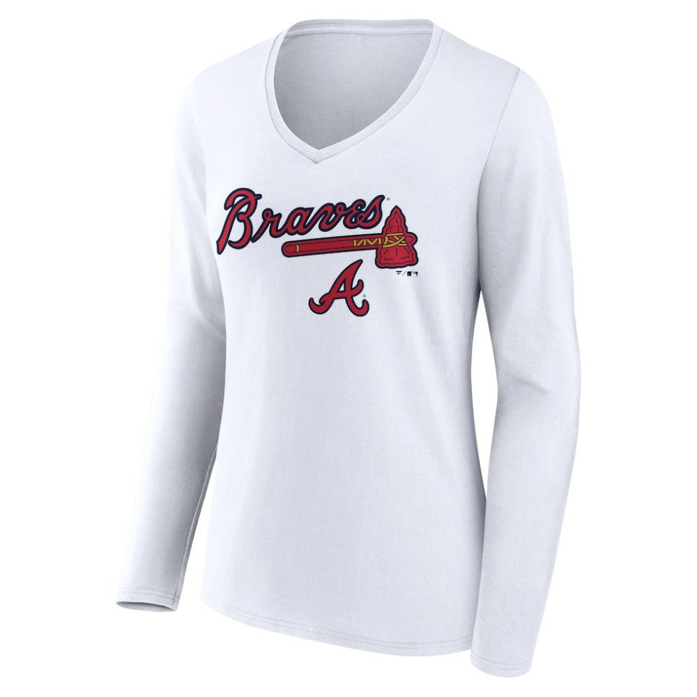 Atlanta Braves Women's Team Lockup Long Sleeve V-Neck T-Shirt - White T-shirts