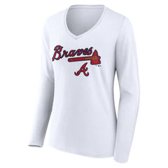 Atlanta Braves Women's Team Lockup Long Sleeve V-Neck T-Shirt - White T-shirts