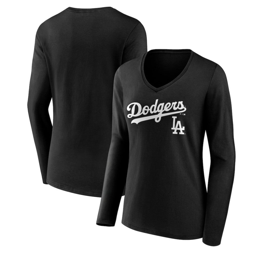 Los Angeles Dodgers Women's Team Lockup Long Sleeve V-Neck T-Shirt - Black T-shirts