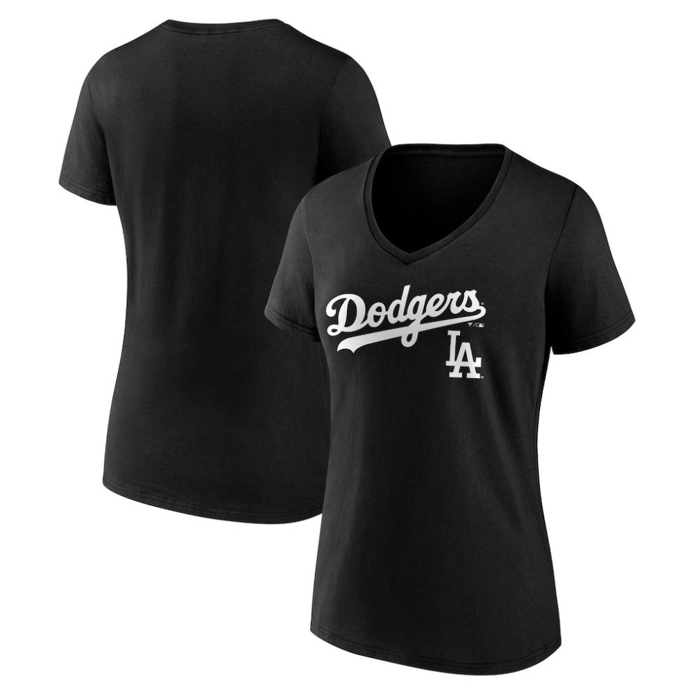 Los Angeles Dodgers Women's Team Lockup V-Neck T-Shirt - Black T-shirts