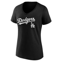 Los Angeles Dodgers Women's Team Lockup V-Neck T-Shirt - Black T-shirts
