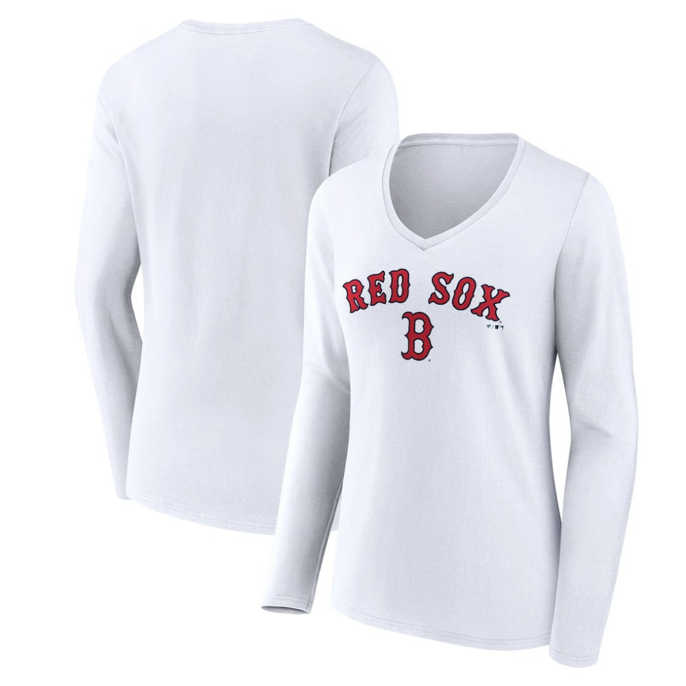 Boston Red Sox Women's Team Lockup Long Sleeve V-Neck T-Shirt - White T-shirts