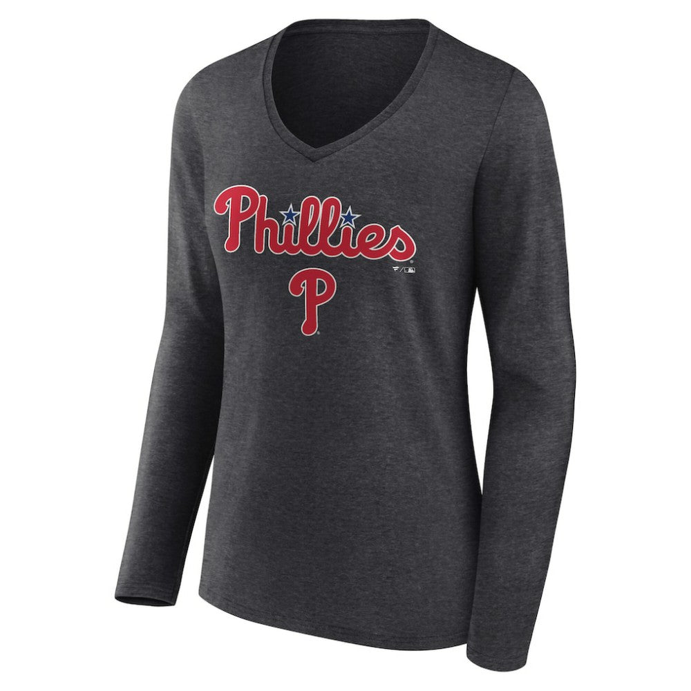 Philadelphia Phillies Women's Team Lockup Long Sleeve V-Neck T-Shirt - Charcoal T-shirts