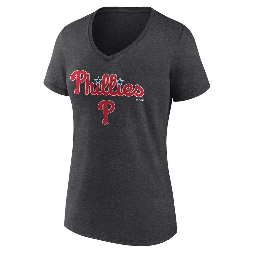 Philadelphia Phillies Women's Team Lockup V-Neck T-Shirt - Charcoal T-shirts