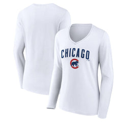 Chicago Cubs Women's Team Lockup Long Sleeve V-Neck T-Shirt - White T-shirts