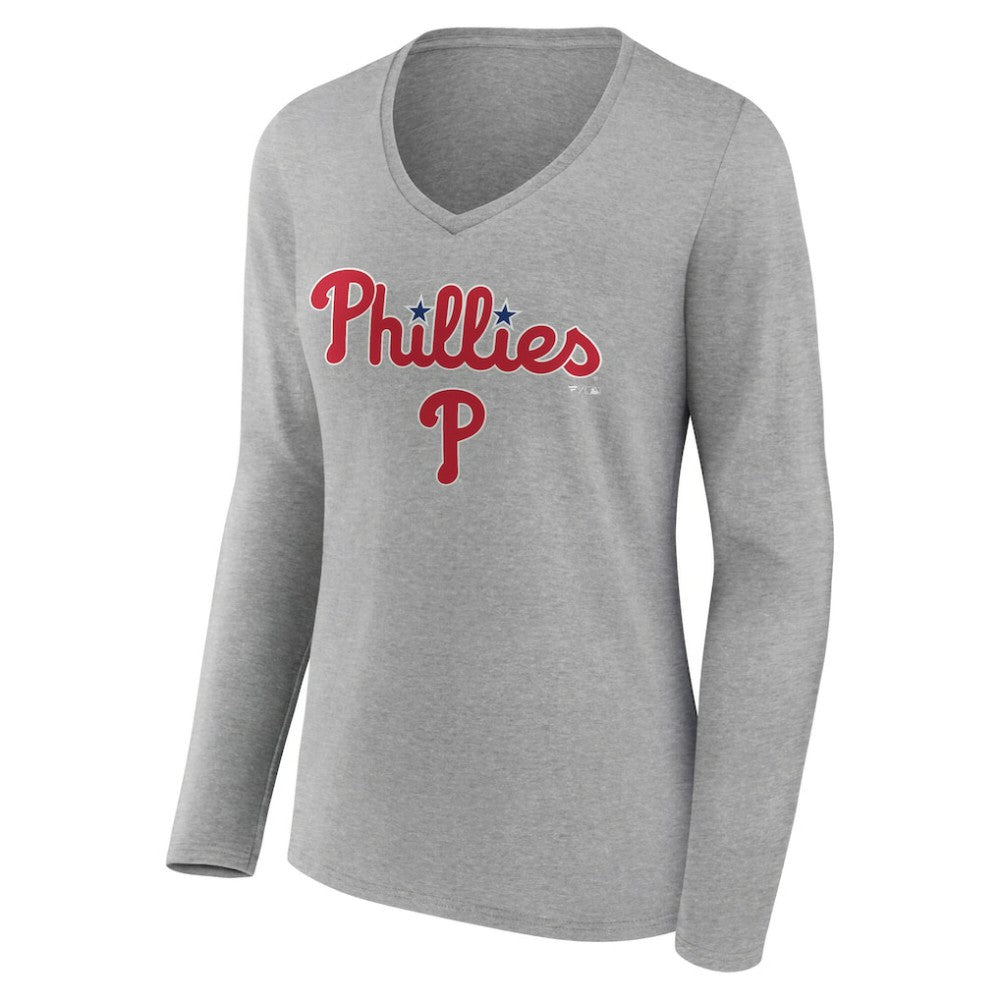 Philadelphia Phillies Women's Team Lockup Long Sleeve V-Neck T-Shirt - Gray T-shirts