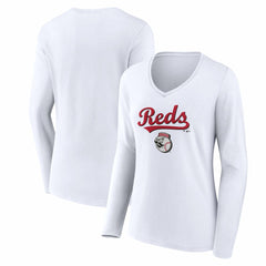 Cincinnati Reds Women's Team Lockup Long Sleeve V-Neck T-Shirt - White T-shirts