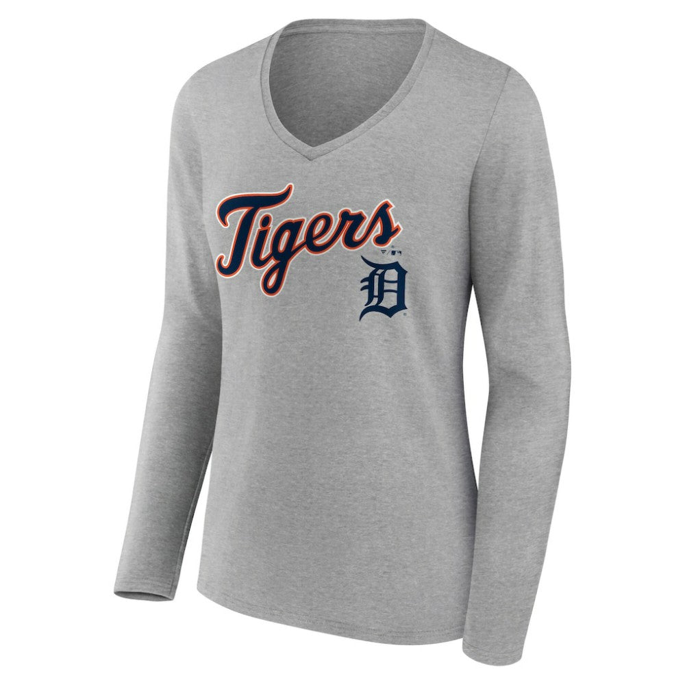 Detroit Tigers Women's Team Lockup Long Sleeve V-Neck T-Shirt - Gray T-shirts
