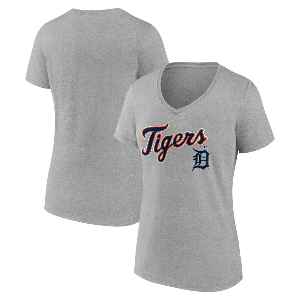 Detroit Tigers Women's Team Lockup V-Neck T-Shirt - Gray T-shirts
