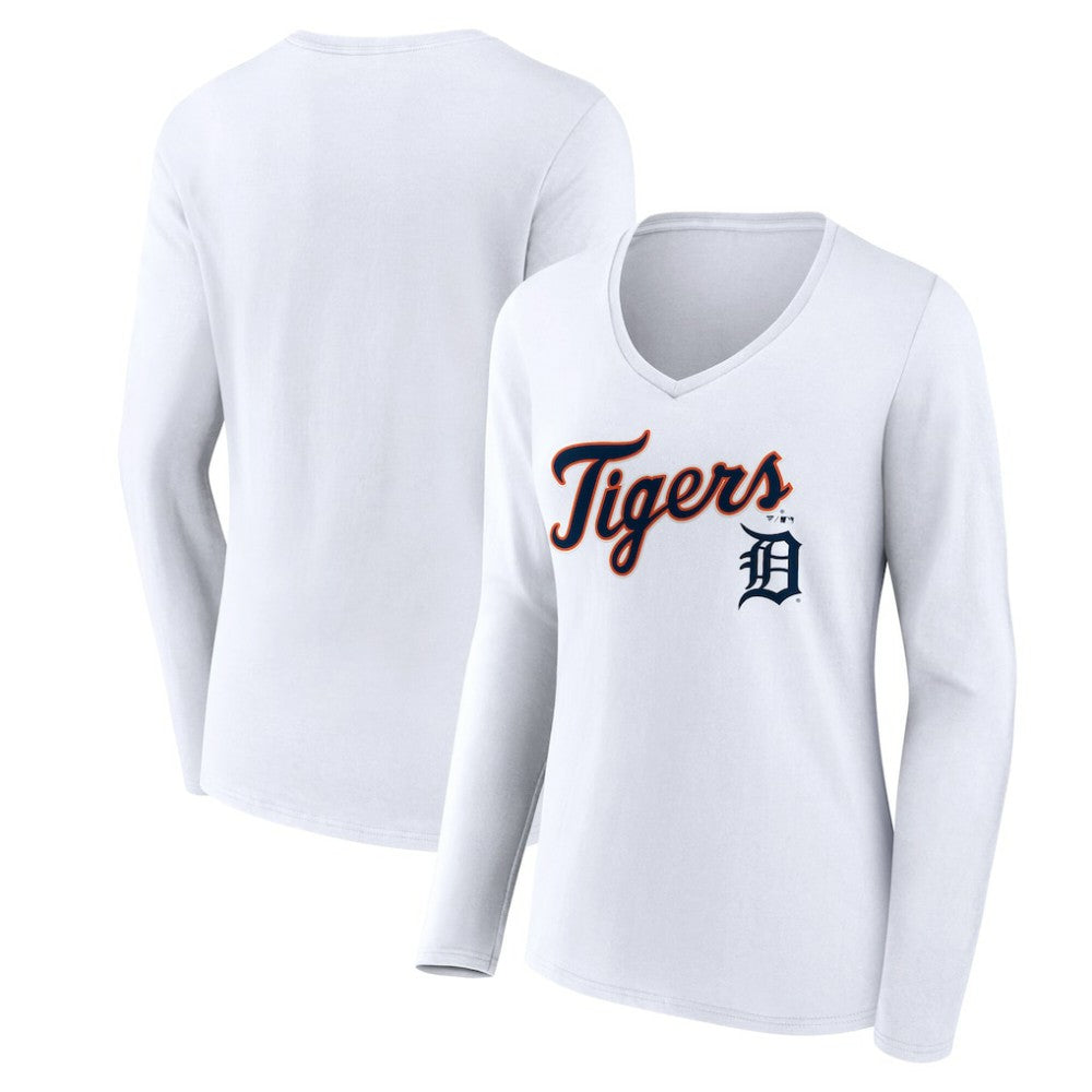 Detroit Tigers Women's Team Lockup Long Sleeve V-Neck T-Shirt - White T-shirts