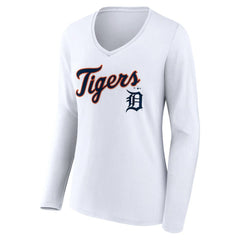 Detroit Tigers Women's Team Lockup Long Sleeve V-Neck T-Shirt - White T-shirts