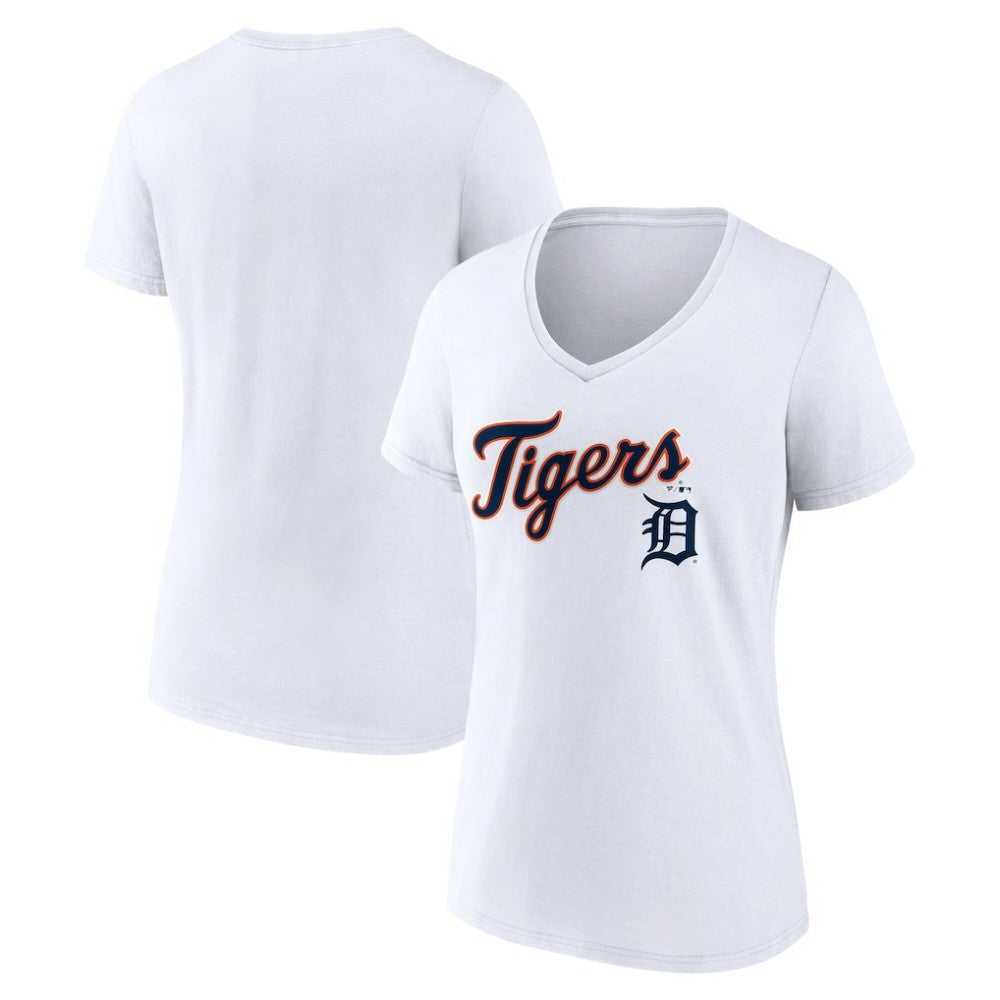 Detroit Tigers Women's Team Lockup V-Neck T-Shirt - White T-shirts