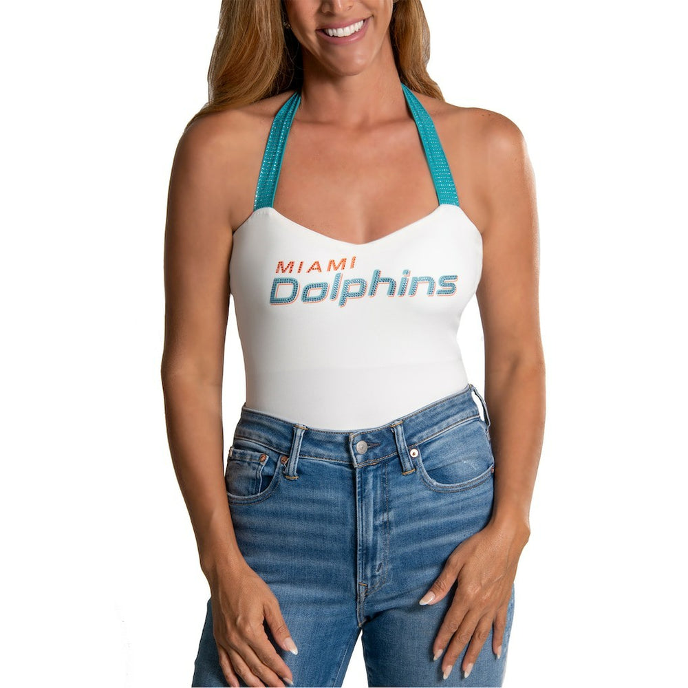 Miami Dolphins Cuce Women's Rhinestone Semi-Cropped Halter Tank White