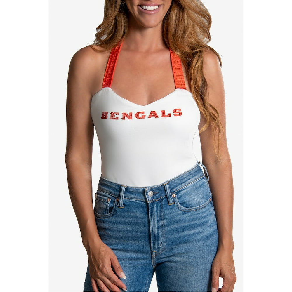 Cincinnati Bengals Cuce Women's Rhinestone Semi-Cropped Halter Tank White