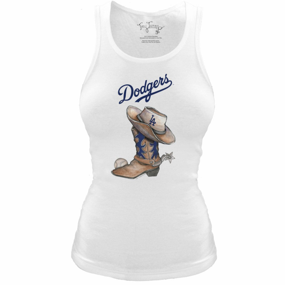Los Angeles Dodgers Tiny Turnip Women's Fitted Vintage Cowboy Boot Tri-Blend Tank Top - White Tanks