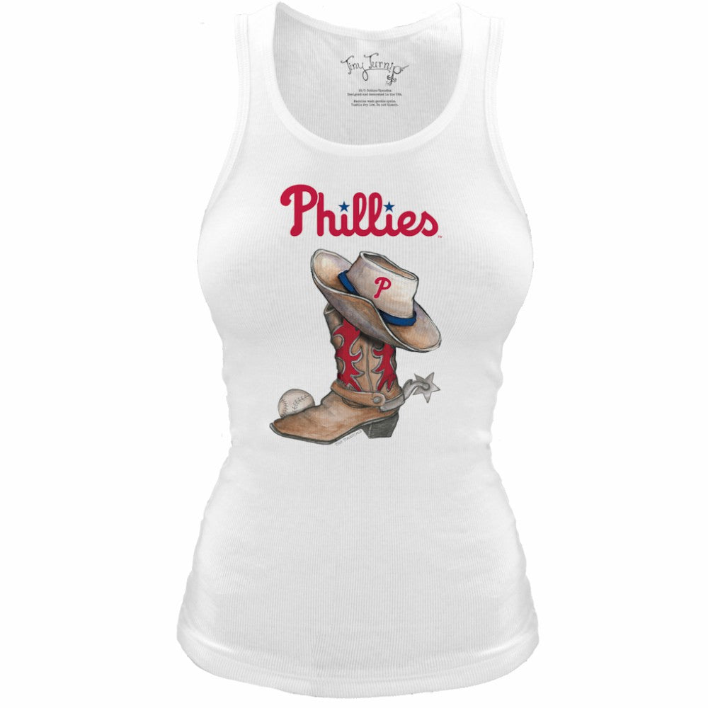 Philadelphia Phillies Tiny Turnip Women's Fitted Vintage Cowboy Boot Tri-Blend Tank Top - White Tanks