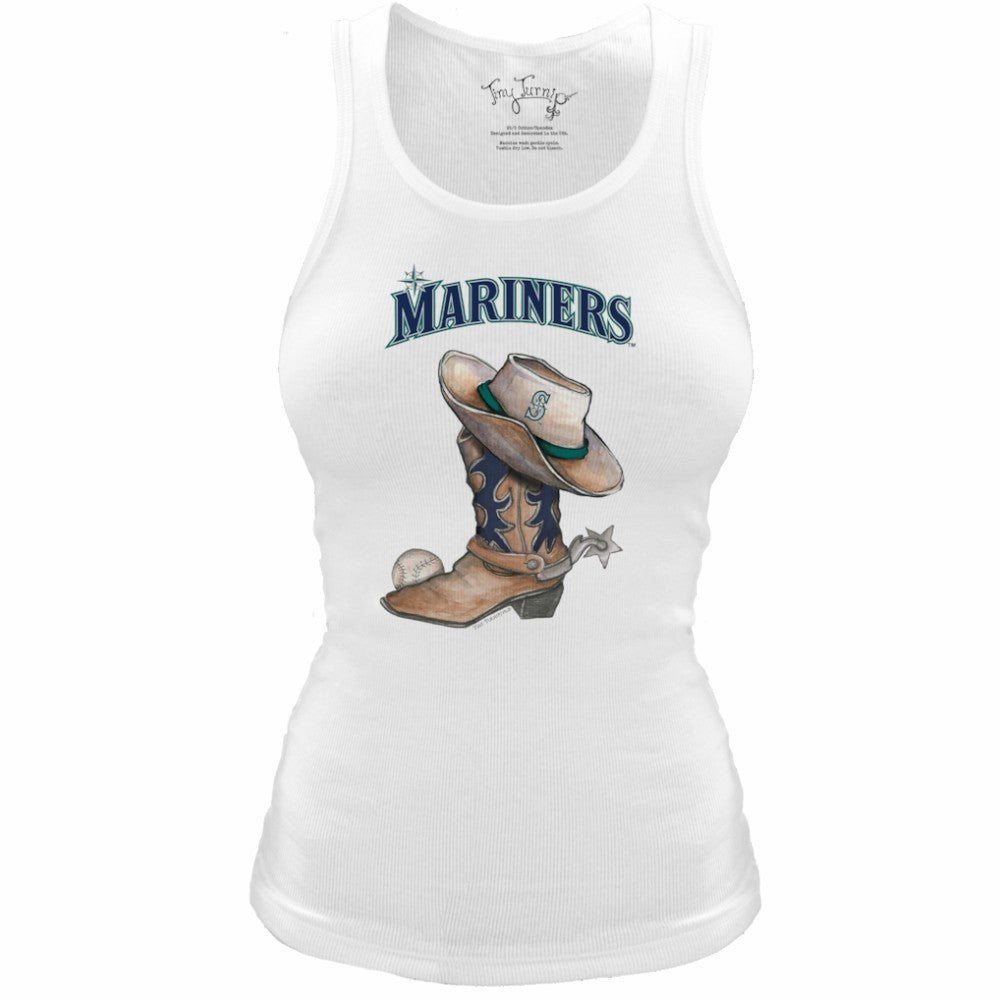 Seattle Mariners Tiny Turnip Women's Fitted Vintage Cowboy Boot Tri-Blend Tank Top - White Tanks
