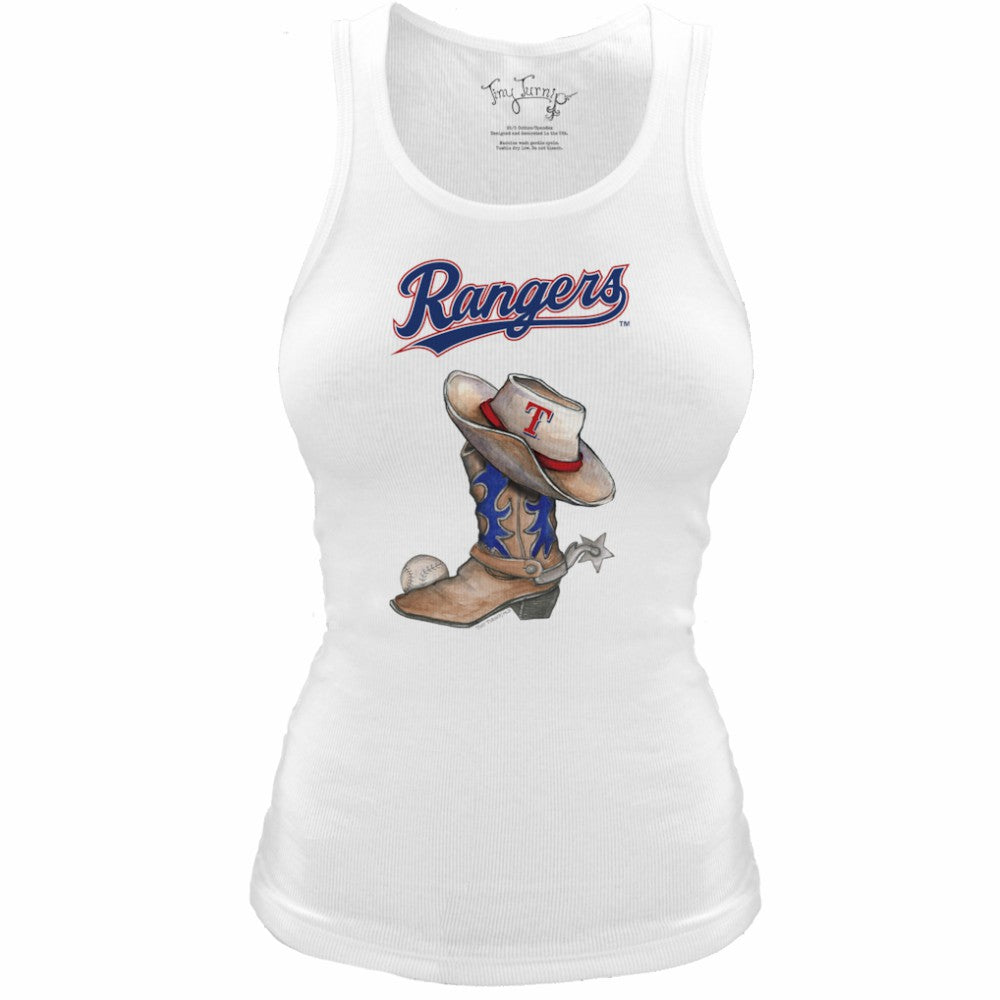 Texas Rangers Tiny Turnip Women's Fitted Vintage Cowboy Boot Tri-Blend Tank Top - White Tanks