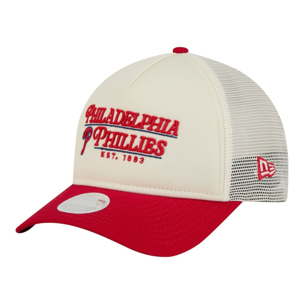 Philadelphia Phillies New Era Women's Retro 9FORTY M-Crown A-Frame Trucker Adjustable Hat - Light Beige/Red Hats