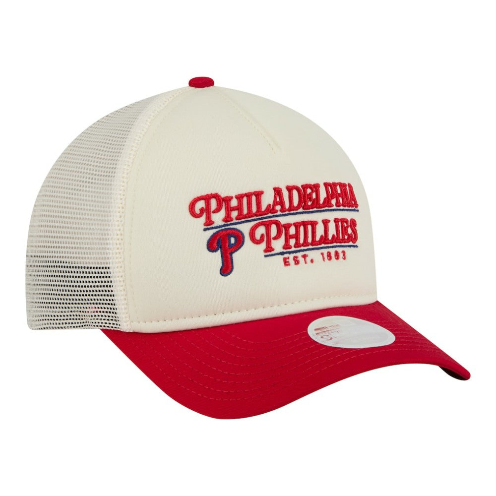 Philadelphia Phillies New Era Women's Retro 9FORTY M-Crown A-Frame Trucker Adjustable Hat - Light Beige/Red Hats