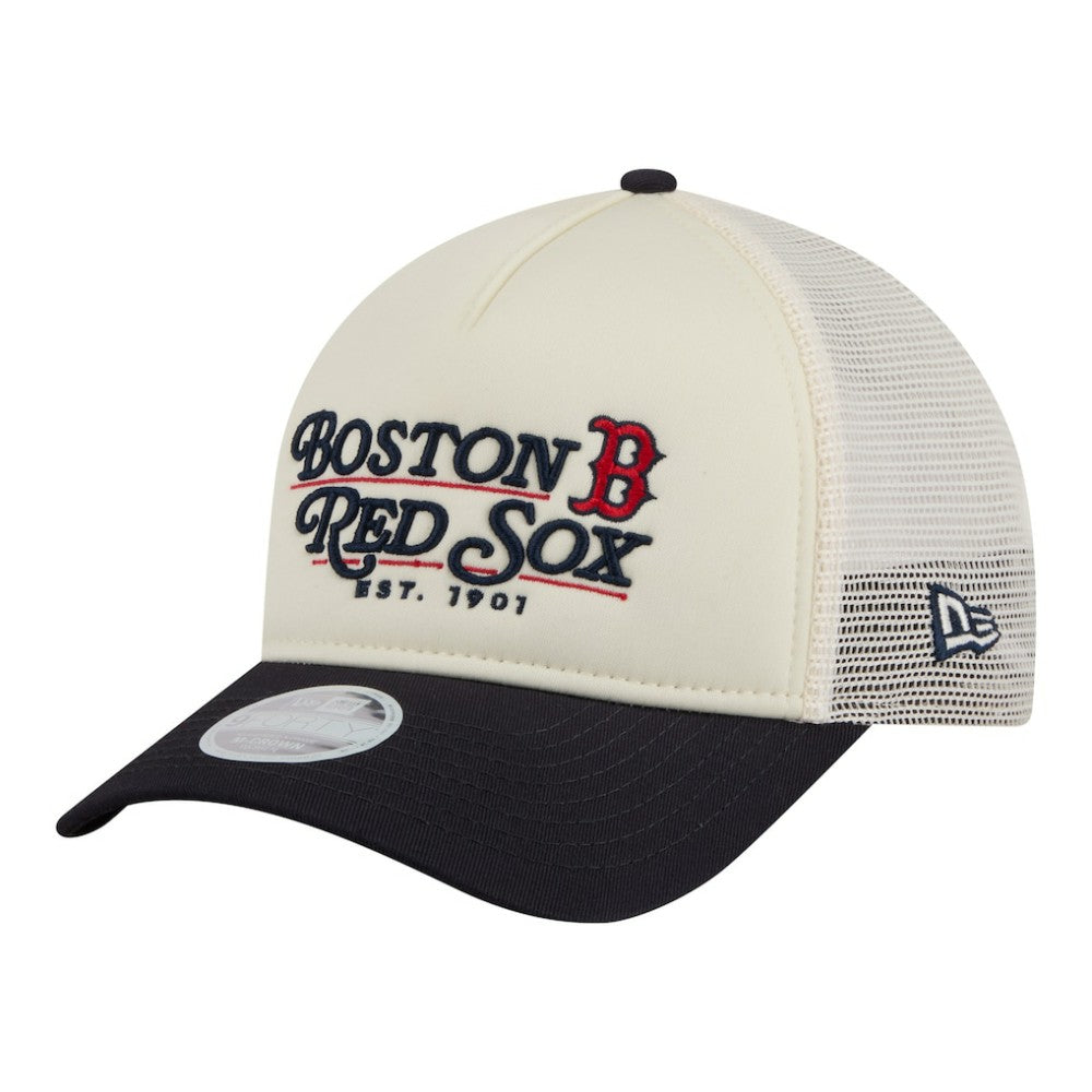Boston Red Sox New Era Women's Retro 9FORTY M-Crown A-Frame Trucker Adjustable Hat - Light Beige/Navy Hats
