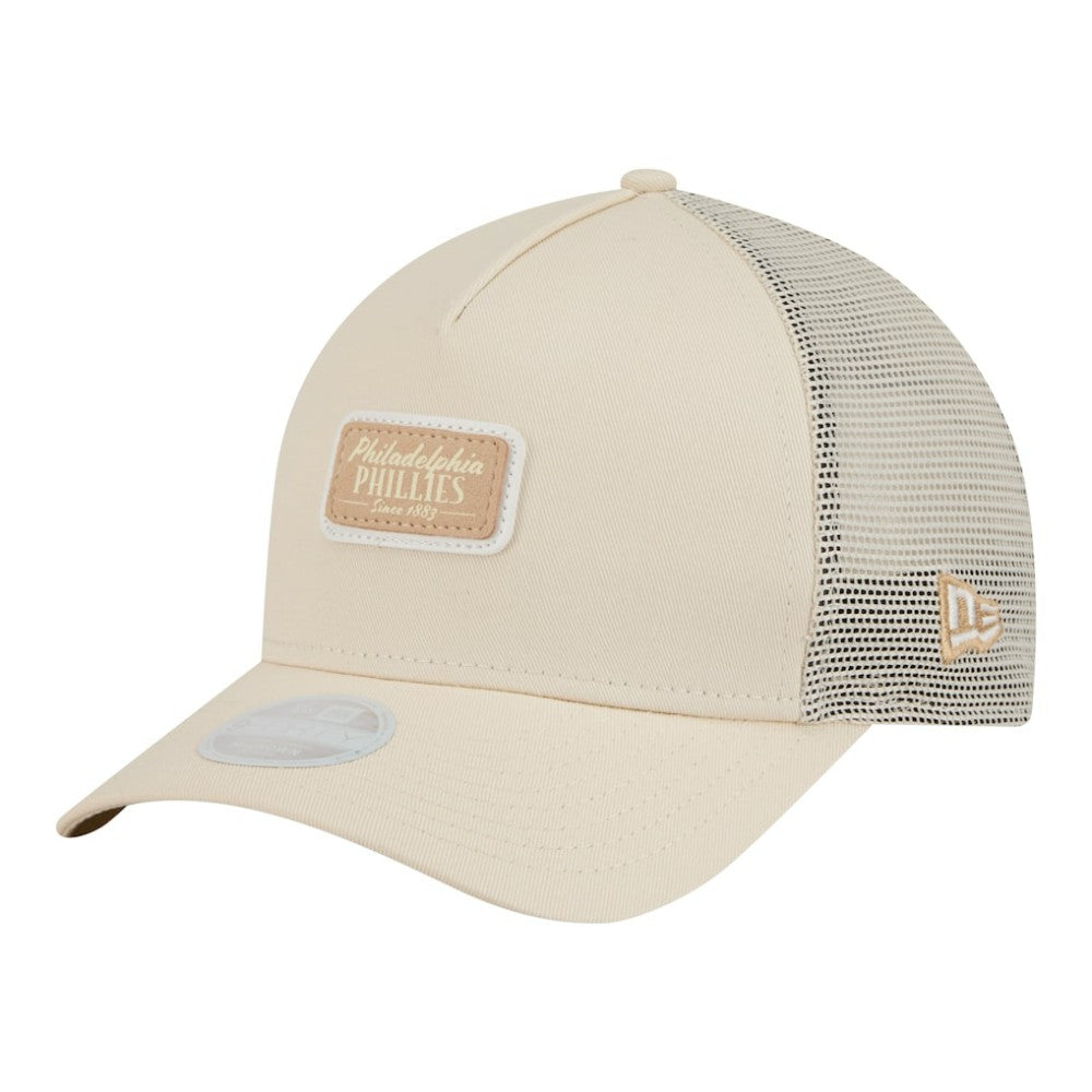 Philadelphia Phillies New Era Women's Tonal Patch 9FORTY M-Crown A-Frame Trucker Adjustable Hat - Light Beige Hats
