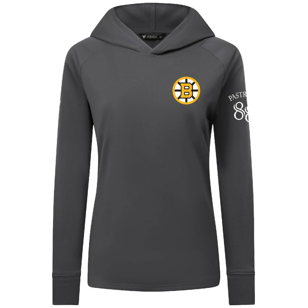 NHL David Pastrnak Boston Bruins Levelwear Women's Impression Name & Number Raglan Hoodie - Charcoal