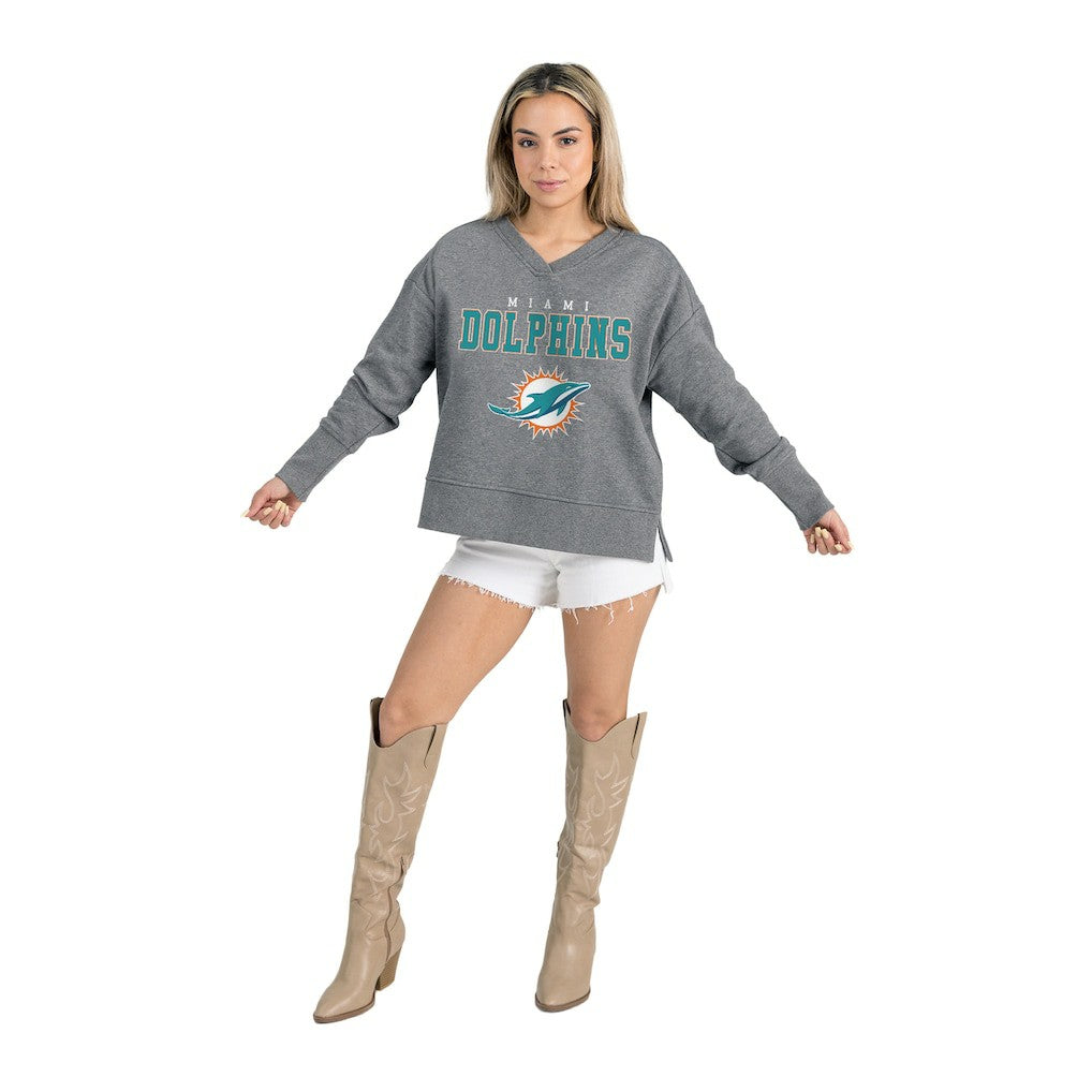 Miami Dolphins Gameday Couture Women's French Terry V-Neck Pullover Sweatshirt Gray