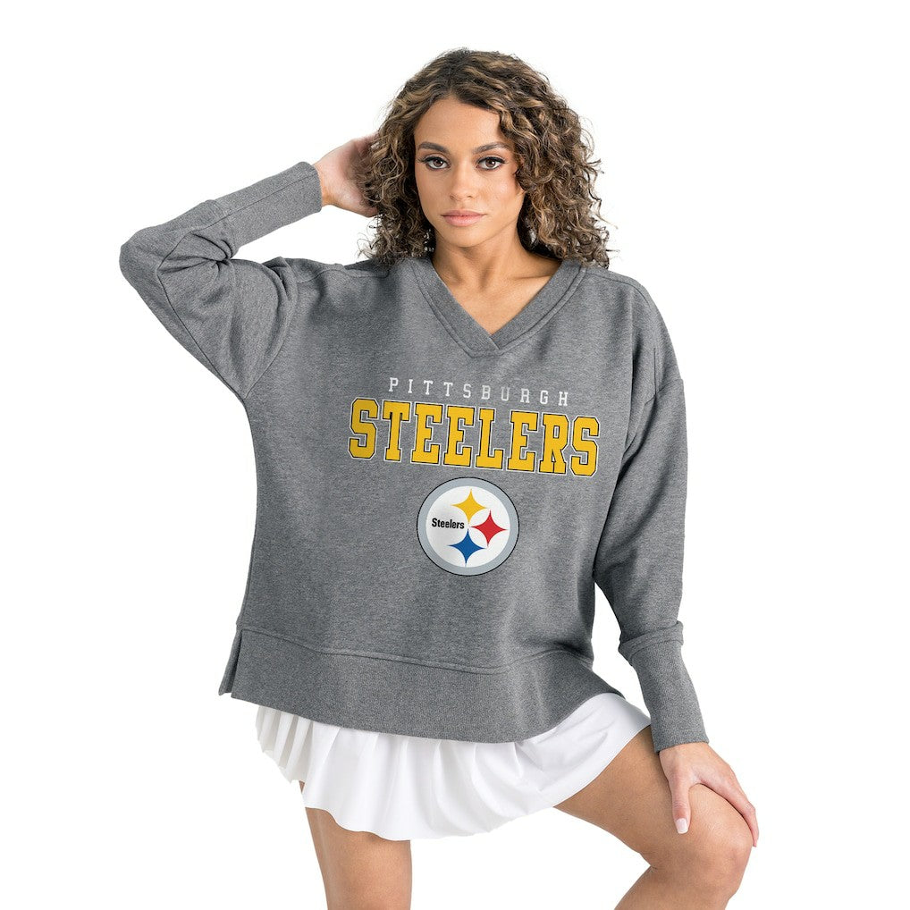Pittsburgh Steelers Gameday Couture Women's French Terry V-Neck Pullover Sweatshirt Gray