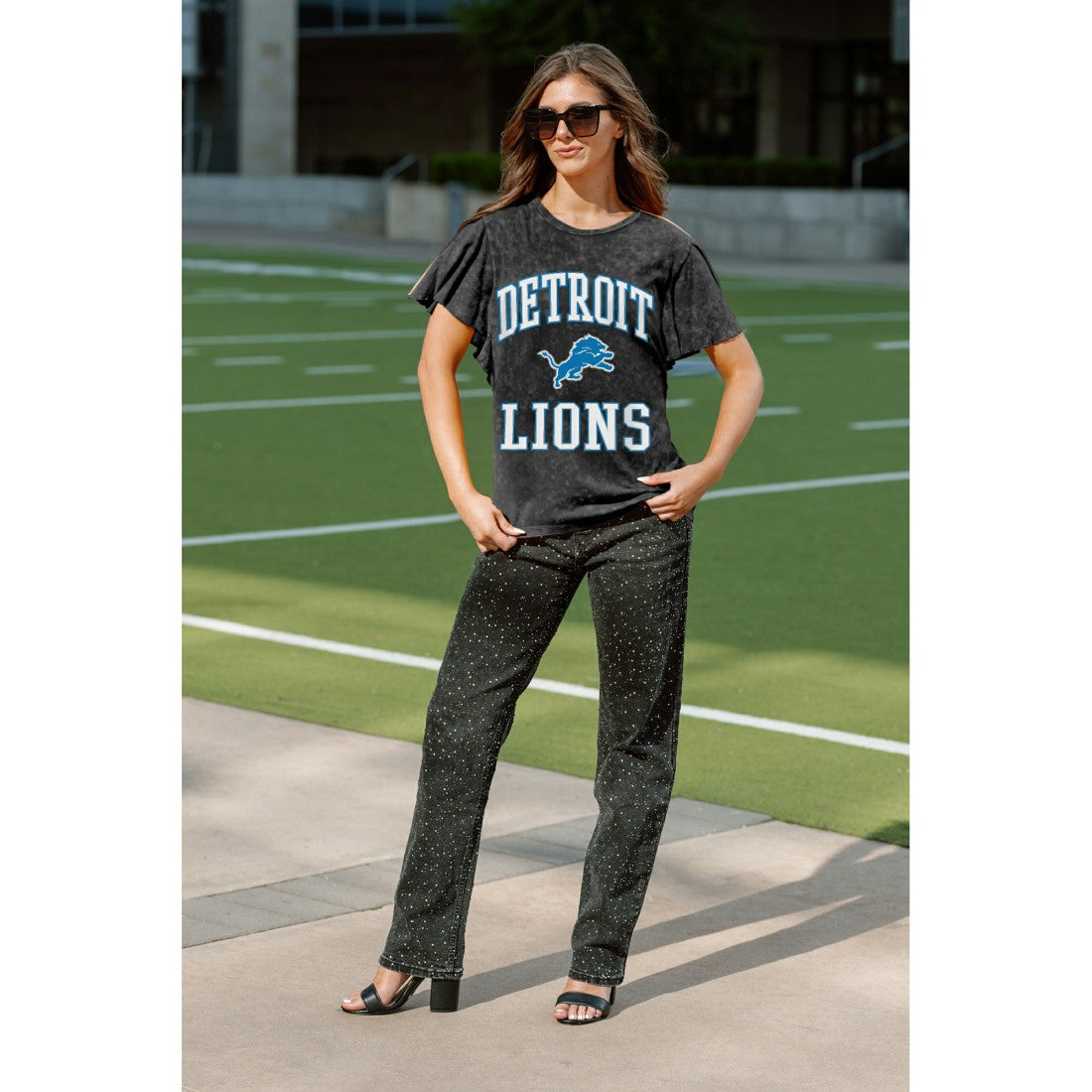Detroit Lions Gameday Couture Women's Relaxed Flutter Sleeve T-Shirt Black