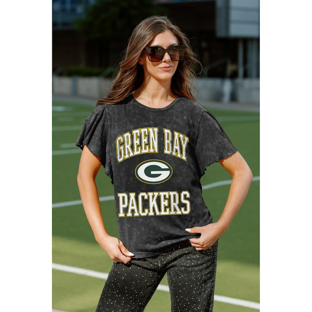 Green Bay Packers Gameday Couture Women's Relaxed Flutter Sleeve T-Shirt Black