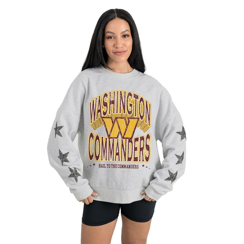Washington Commanders Gameday Couture Women's Resilience Relaxed Rhinestone Pullover Sweatshirt Ash