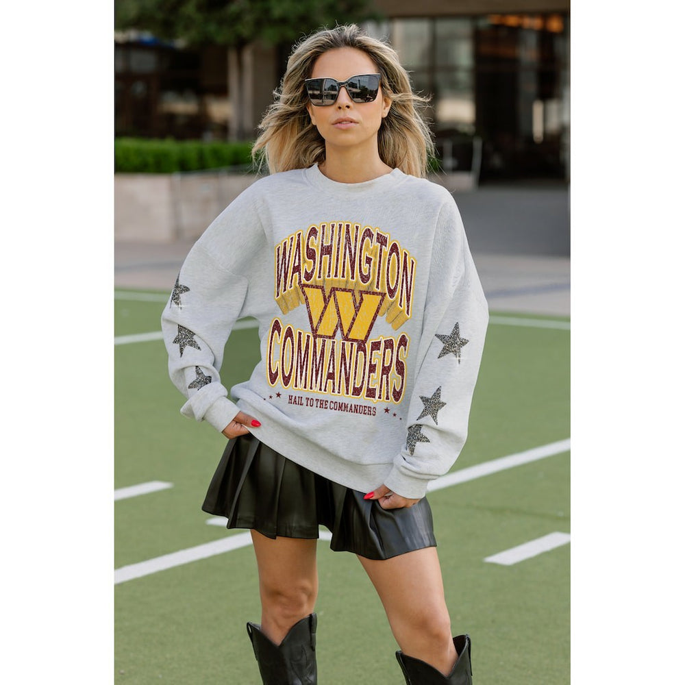 Washington Commanders Gameday Couture Women's Resilience Relaxed Rhinestone Pullover Sweatshirt Ash