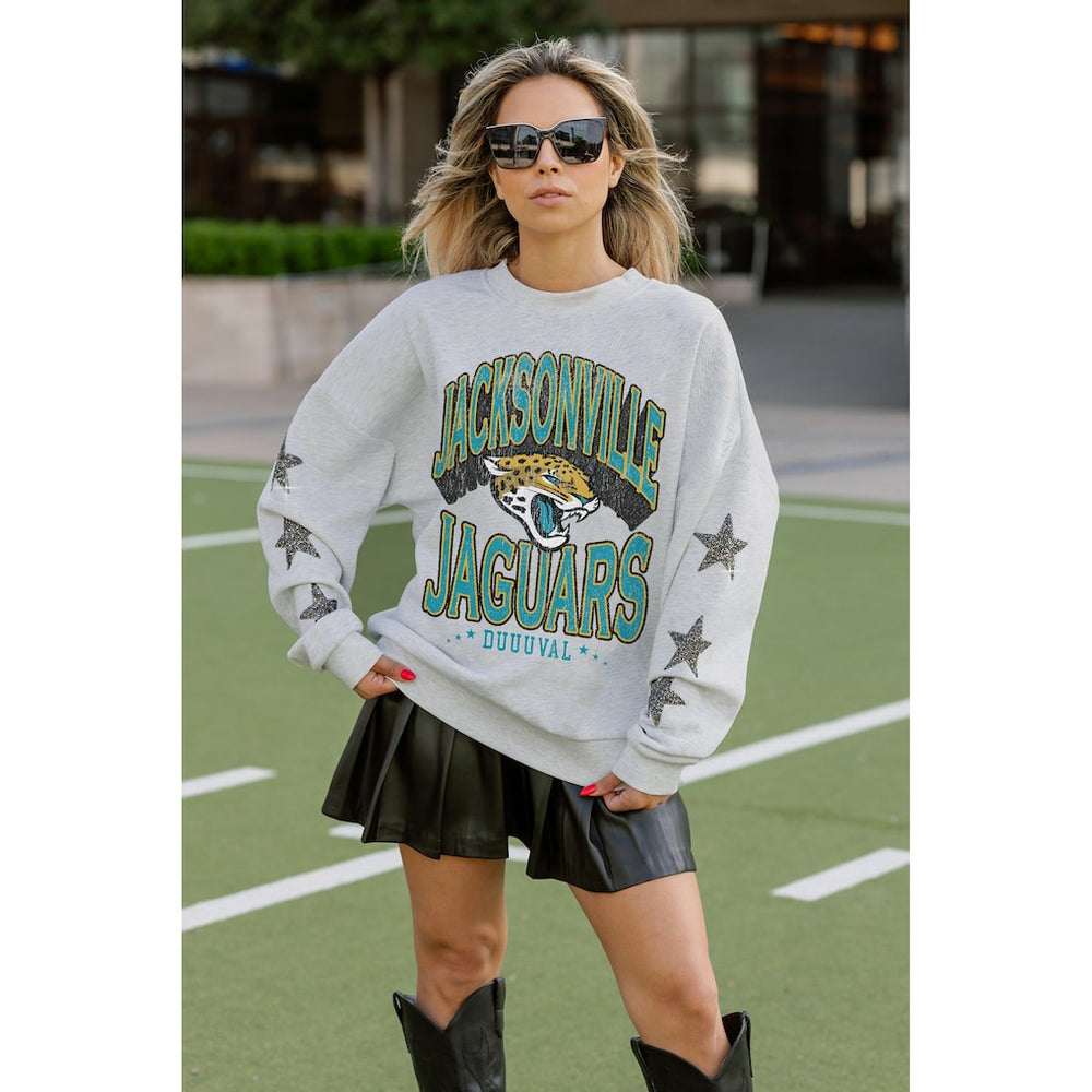 Jacksonville Jaguars Gameday Couture Women's Resilience Relaxed Rhinestone Pullover Sweatshirt Ash