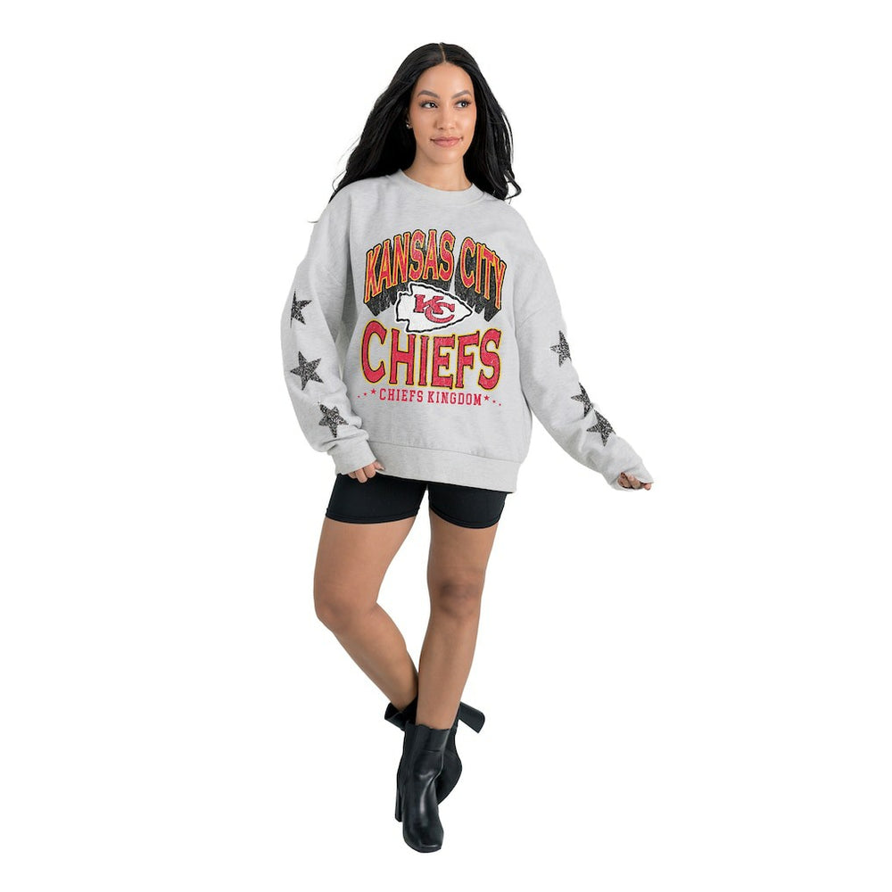 Kansas City Chiefs Gameday Couture Women's Resilience Relaxed Rhinestone Pullover Sweatshirt Ash