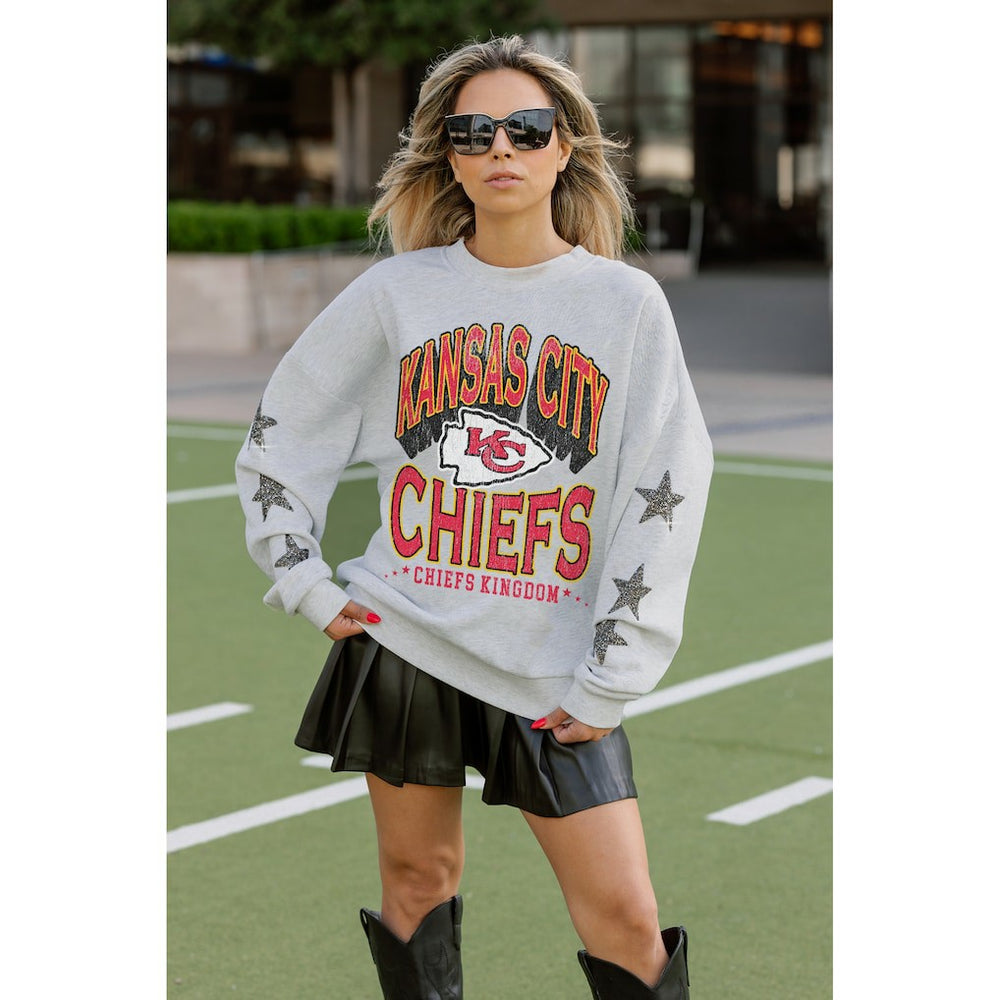 Kansas City Chiefs Gameday Couture Women's Resilience Relaxed Rhinestone Pullover Sweatshirt Ash