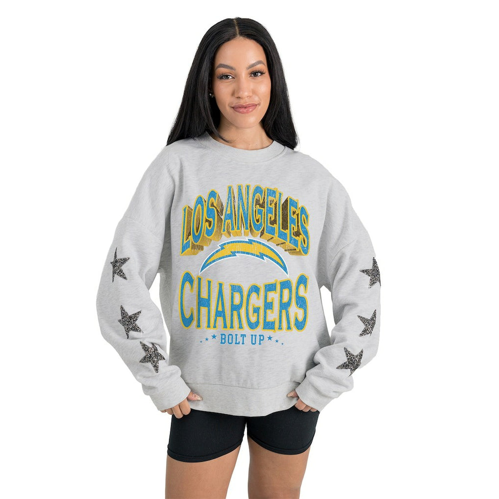Los Angeles Chargers Gameday Couture Women's Resilience Relaxed Rhinestone Pullover Sweatshirt Ash