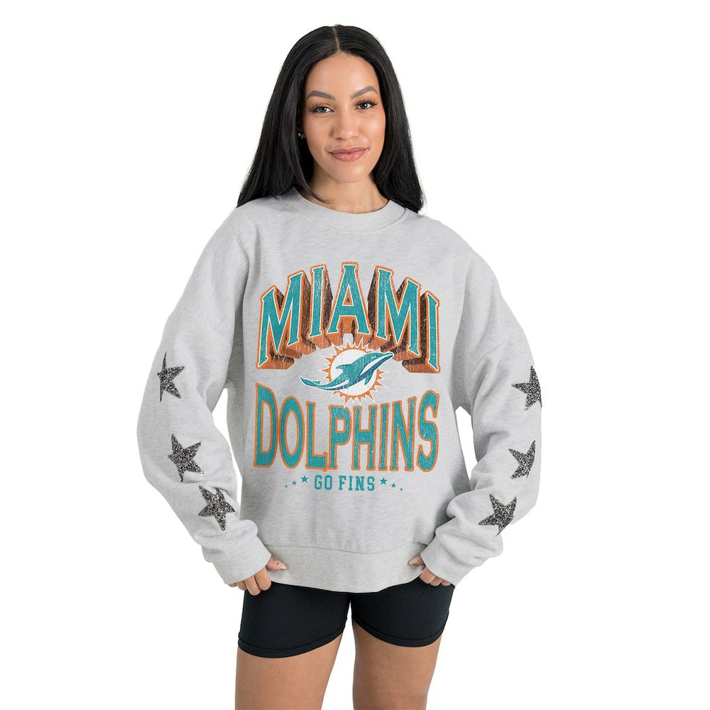 Miami Dolphins Gameday Couture Women's Resilience Relaxed Rhinestone Pullover Sweatshirt Ash
